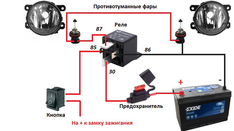 Схема подключения птф через реле и кнопку