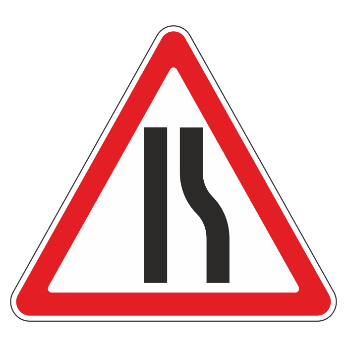 Знак сужение дороги предупреждает водителя о том, что ему придется потесниться буквально через сотню метров, видео покажет, что следует предпринять в этом случае